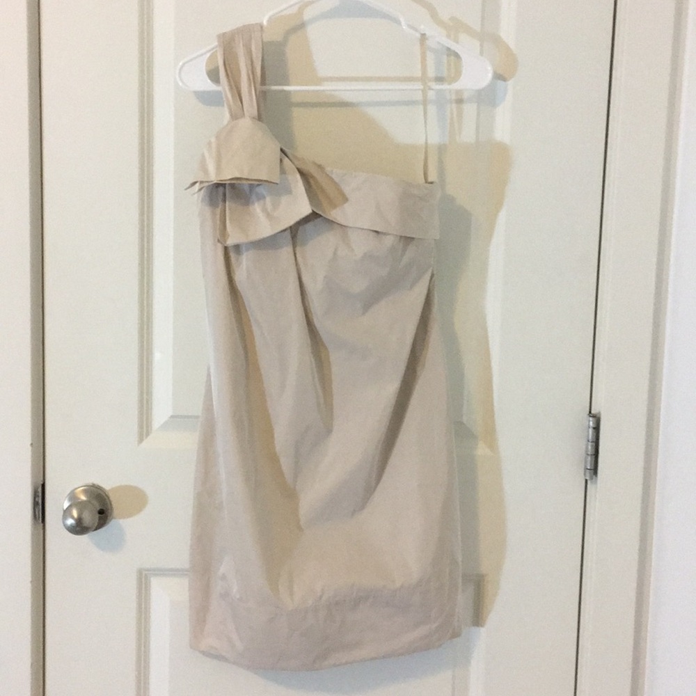 Champaign colored one shouldered taffeta dress